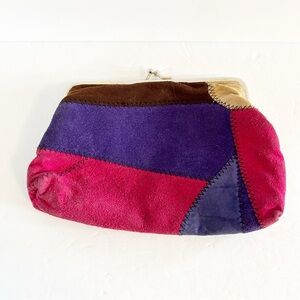 Multi Color 100% Suede Retro Patchwork Kiss Lock Change Purse